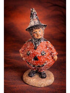 Vintage Halloween Witch Figurine Mica Finish Pumpkin Body 8 Inch Decorative